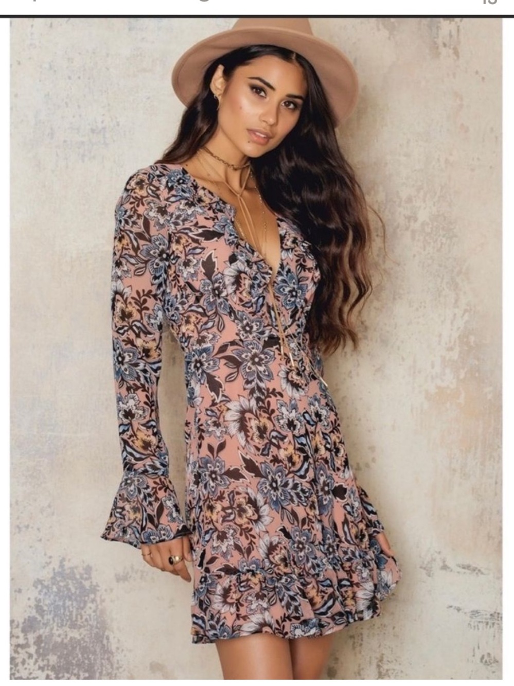 For Love & Lemons Floral V-Neck Long Sleeve Mini Dress